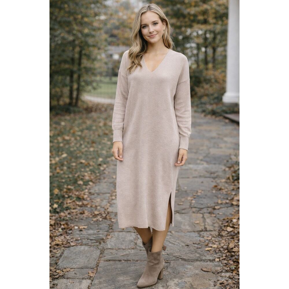 H&M Basics Knit Sweater Dress Womens M Beige V Neck Long Sleeve Midi NWT